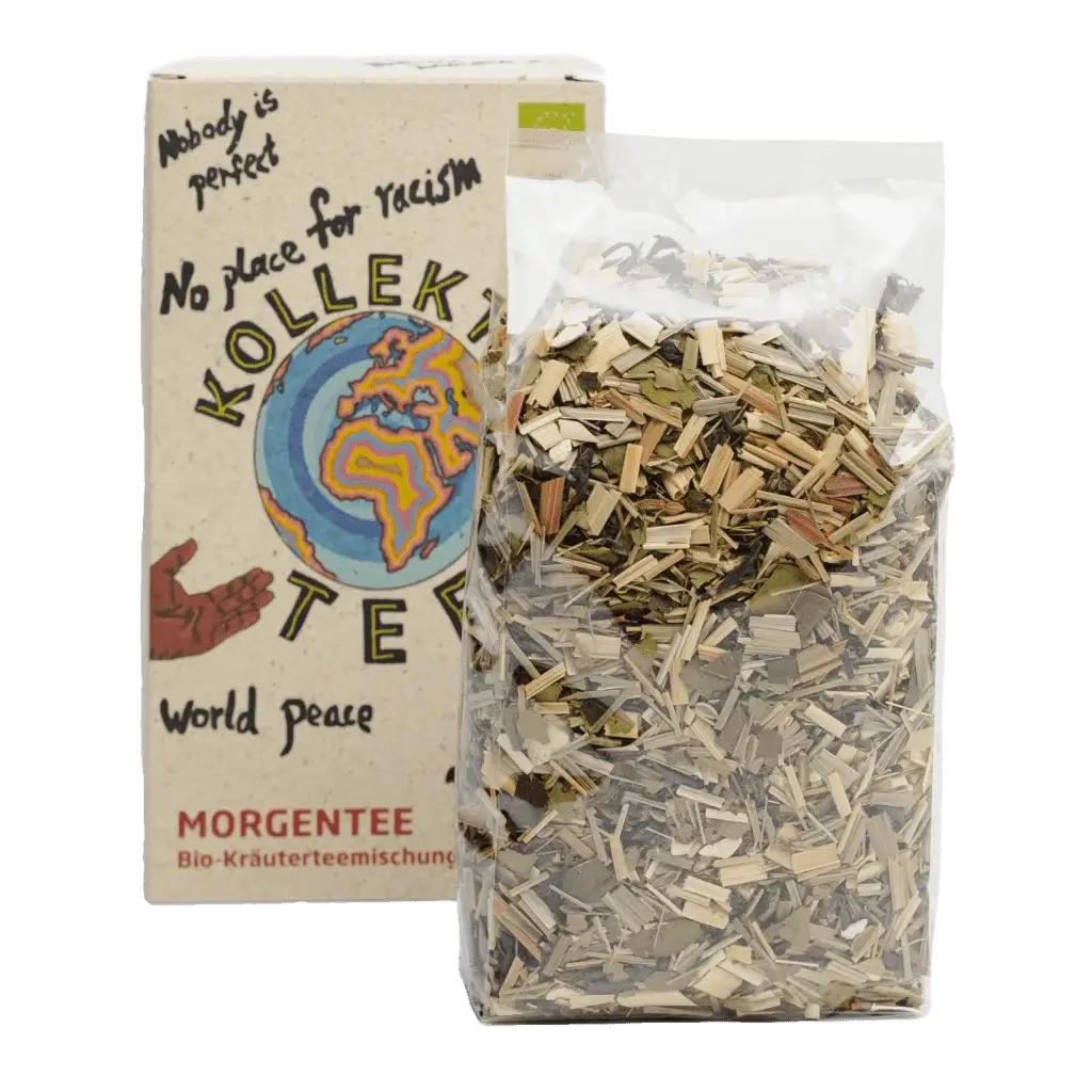 Bunte Vorderseite der Papierverpackung mit Teeblättern in Cellophan