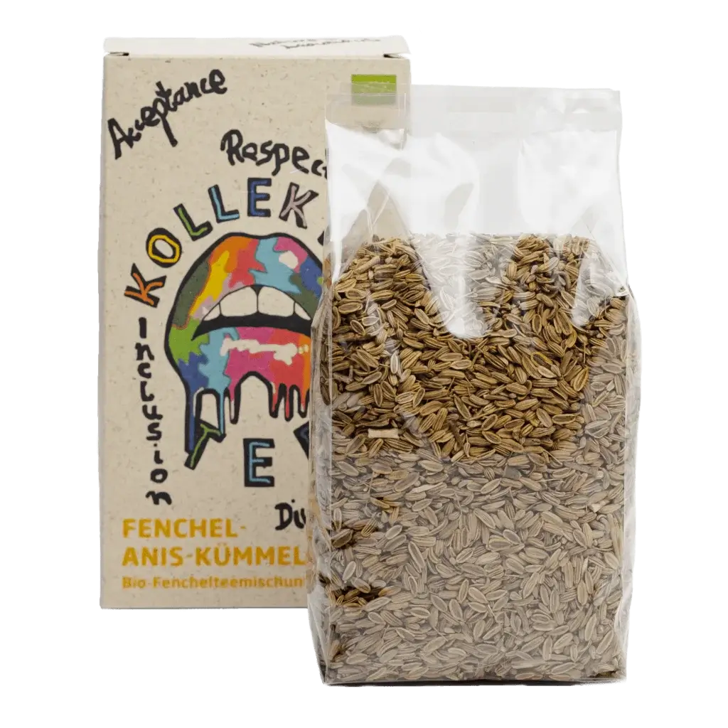 Bunte Vorderseite der Papierverpackung mit Teeblättern in Cellophan