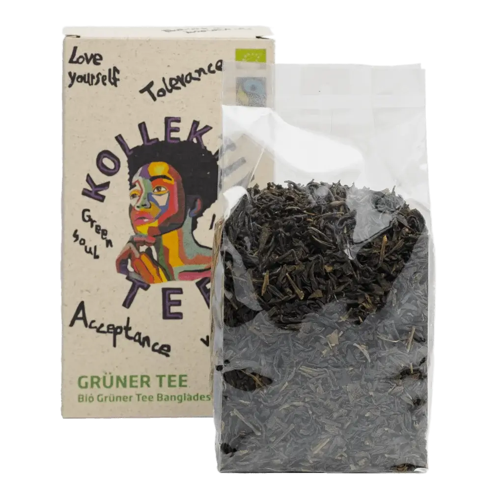 Bunte Vorderseite der Papierverpackung mit Teeblättern in Cellophan